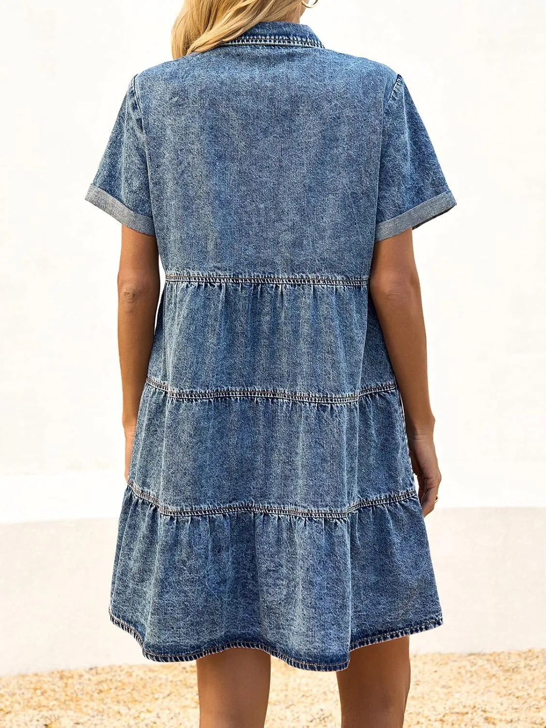 Wenrine Women's Summer Denim Dress Button Down Short Sleeve Casual Tiered Babydoll Jean Dresses