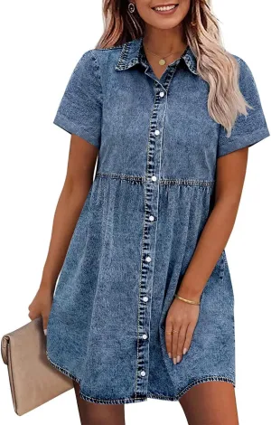 Wenrine Women's Summer Denim Dress Button Down Short Sleeve Casual Tiered Babydoll Jean Dresses