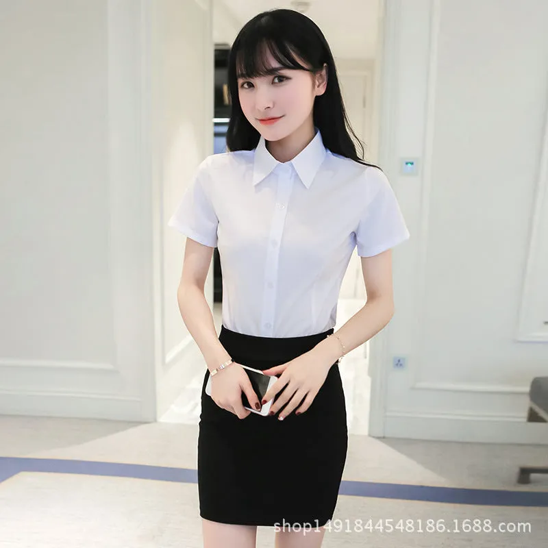White Blouse Long Sleeved Formal Shirt Slim Look Lapel Cargo Uniform Women Blouse