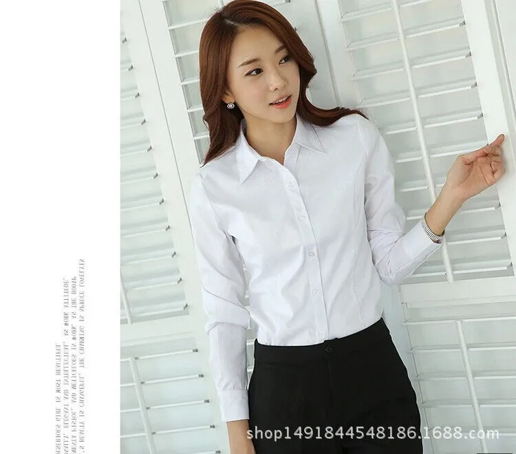 White Blouse Long Sleeved Formal Shirt Slim Look Lapel Cargo Uniform Women Blouse