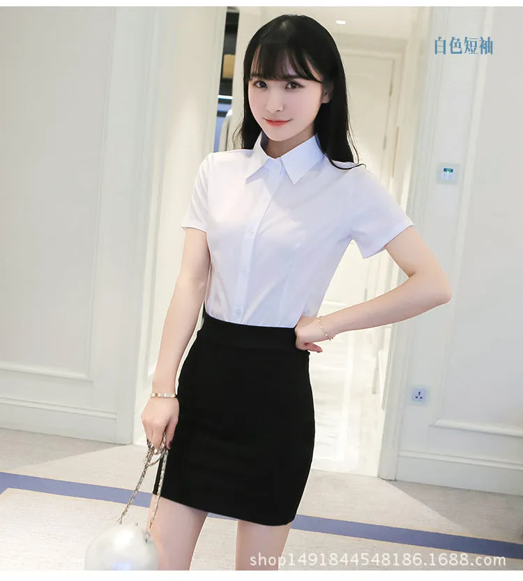 White Blouse Long Sleeved Formal Shirt Slim Look Lapel Cargo Uniform Women Blouse