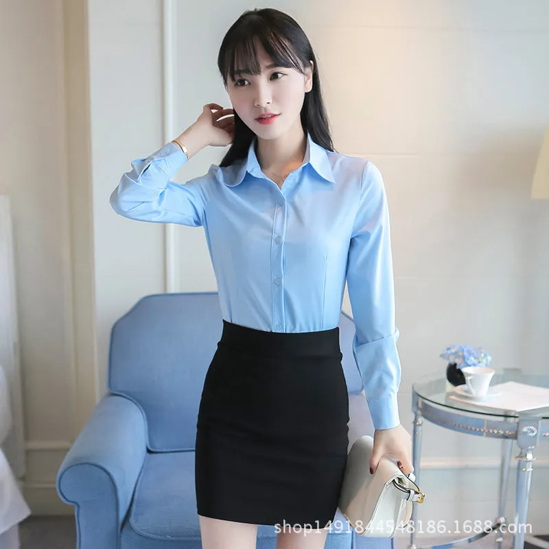 White Blouse Long Sleeved Formal Shirt Slim Look Lapel Cargo Uniform Women Blouse