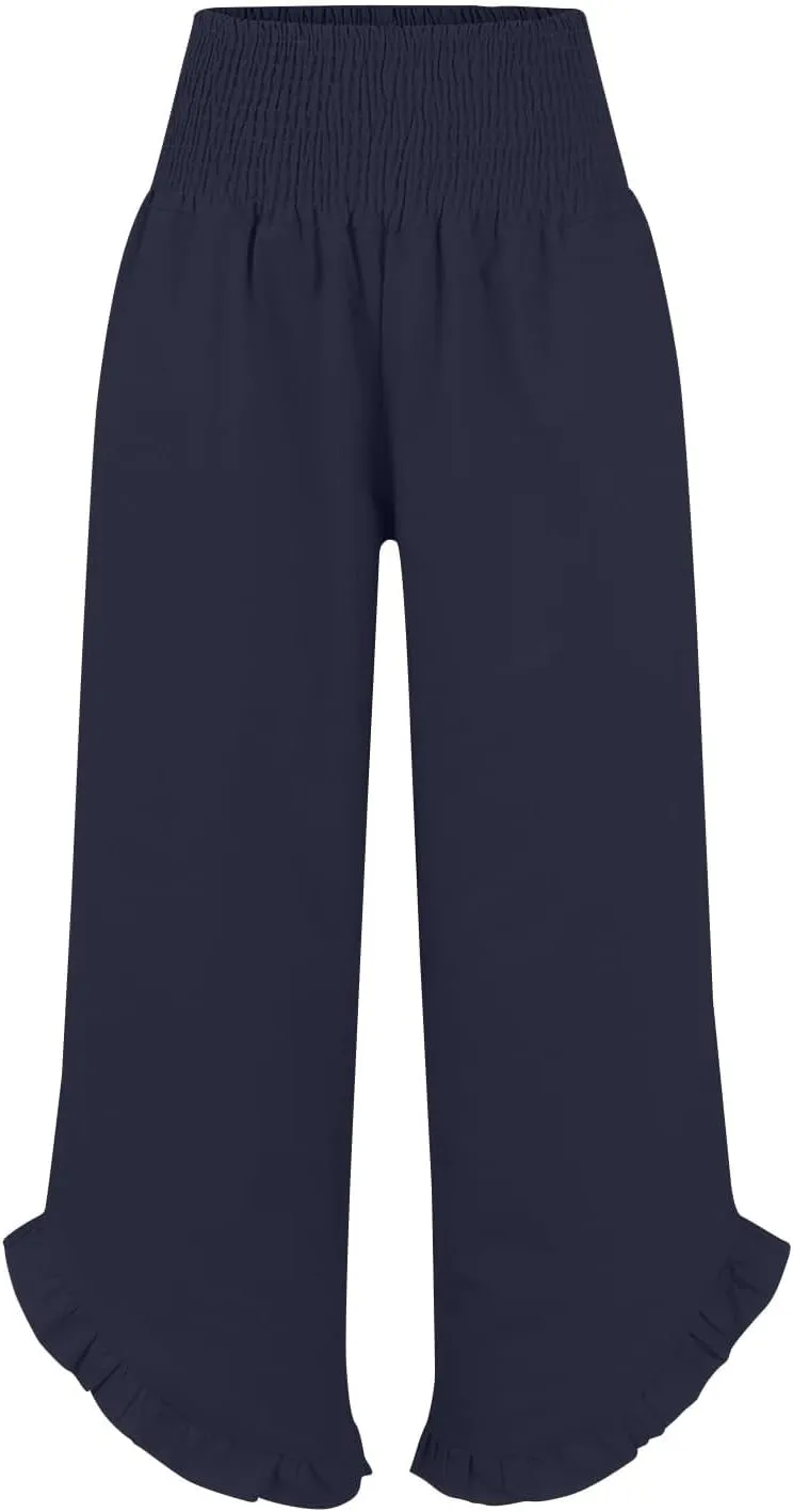 Wide Leg Linen Pants for Women Smocked Waist Straight Leg Ruffle Cuffs Loose Fit Palazzo Pant Casual Boho Beach