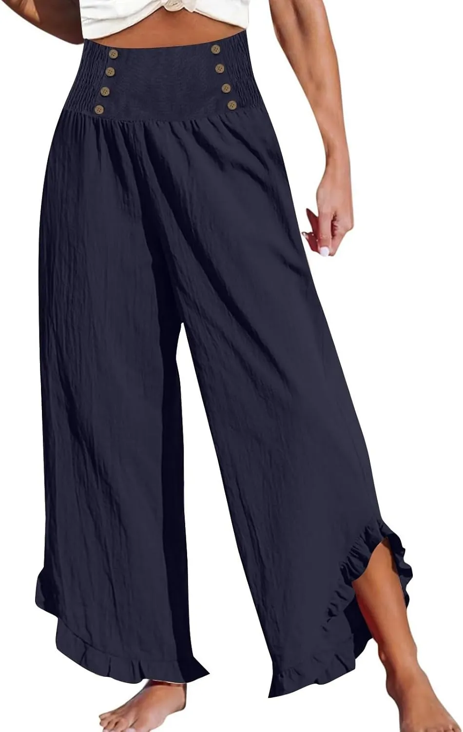 Wide Leg Linen Pants for Women Smocked Waist Straight Leg Ruffle Cuffs Loose Fit Palazzo Pant Casual Boho Beach