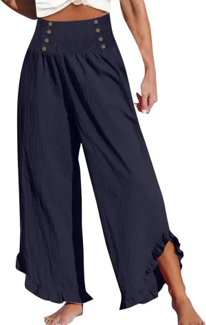 Wide Leg Linen Pants for Women Smocked Waist Straight Leg Ruffle Cuffs Loose Fit Palazzo Pant Casual Boho Beach