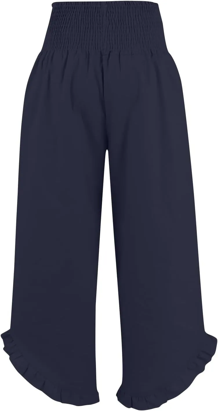 Wide Leg Linen Pants for Women Smocked Waist Straight Leg Ruffle Cuffs Loose Fit Palazzo Pant Casual Boho Beach