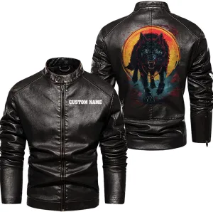 Wild Wolf with Blood Moon, Retro Wolf Biker Motorcycle Jacket, Personalized Men PU Leather Vest Coat Jackets