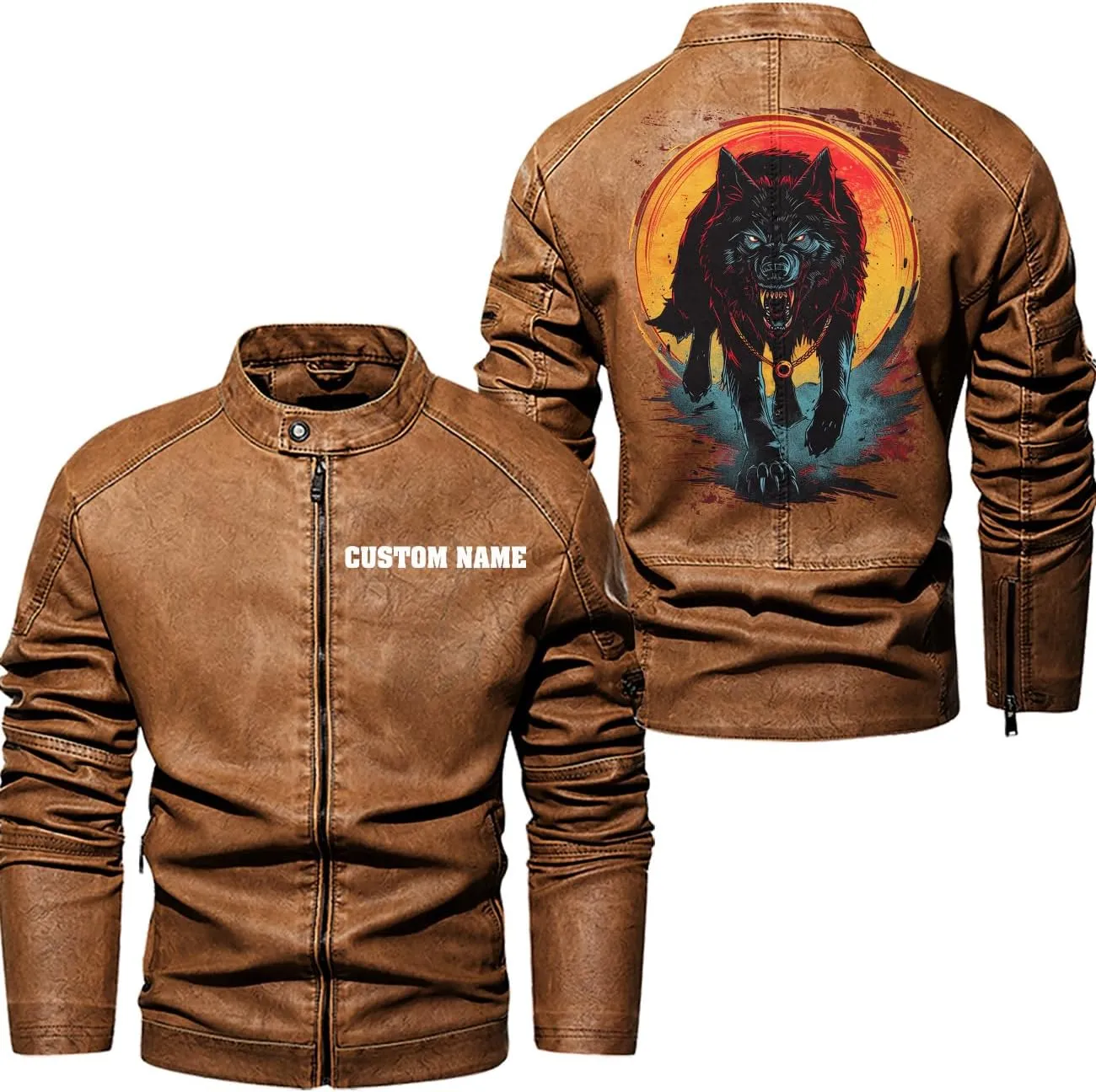 Wild Wolf with Blood Moon, Retro Wolf Biker Motorcycle Jacket, Personalized Men PU Leather Vest Coat Jackets