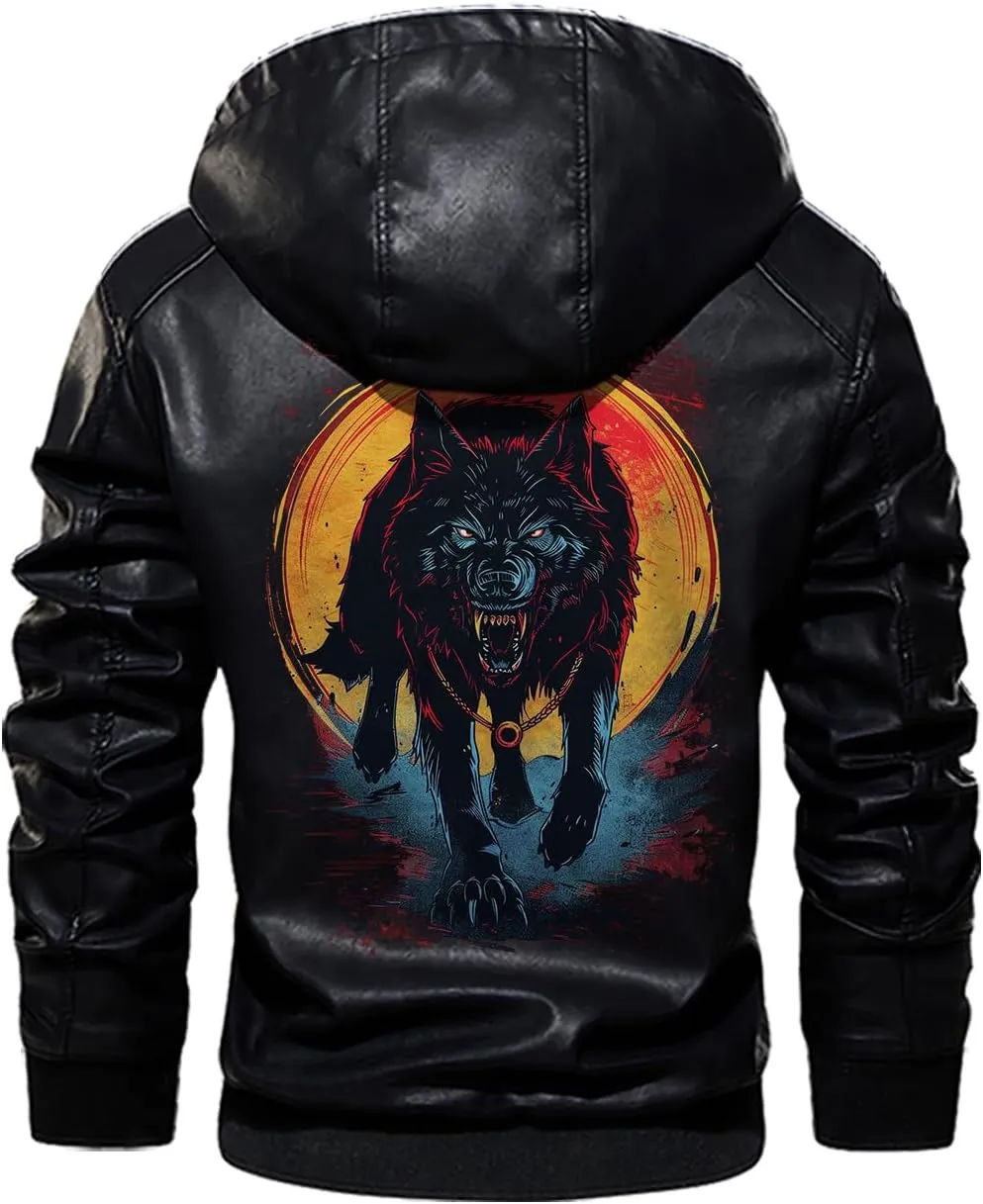 Wild Wolf with Blood Moon, Retro Wolf Biker Motorcycle Jacket, Personalized Men PU Leather Vest Coat Jackets