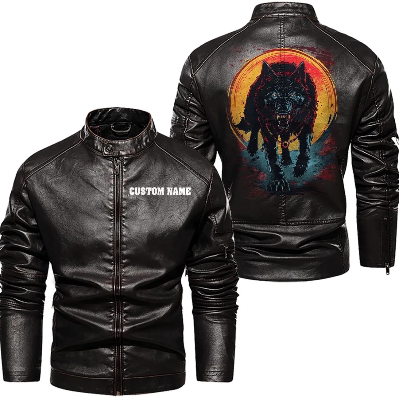 Wild Wolf with Blood Moon, Retro Wolf Biker Motorcycle Jacket, Personalized Men PU Leather Vest Coat Jackets