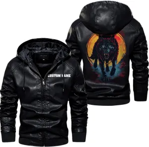 Wild Wolf with Blood Moon, Retro Wolf Biker Motorcycle Jacket, Personalized Men PU Leather Vest Coat Jackets