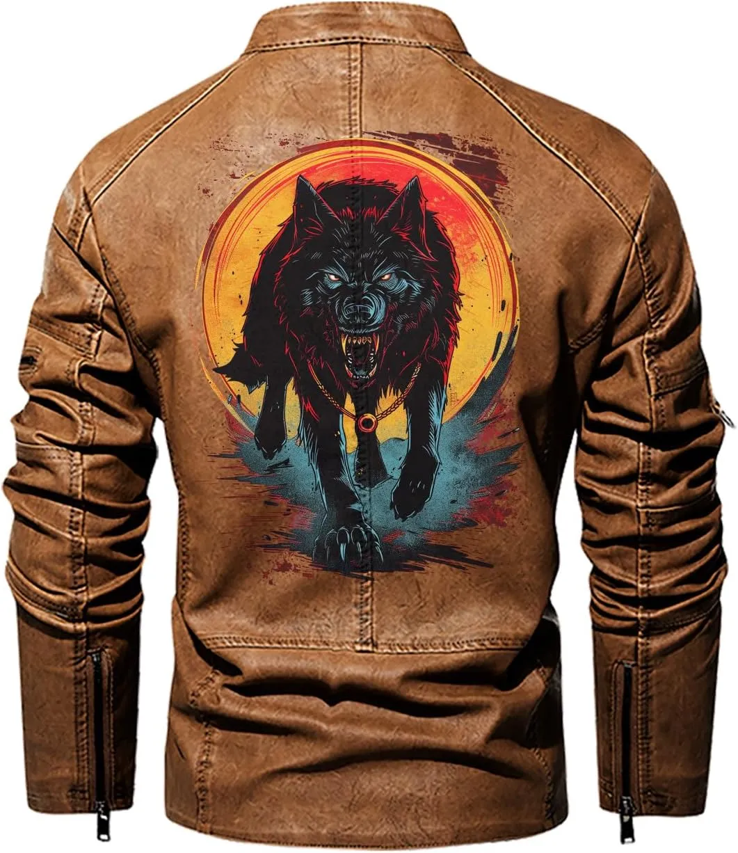 Wild Wolf with Blood Moon, Retro Wolf Biker Motorcycle Jacket, Personalized Men PU Leather Vest Coat Jackets