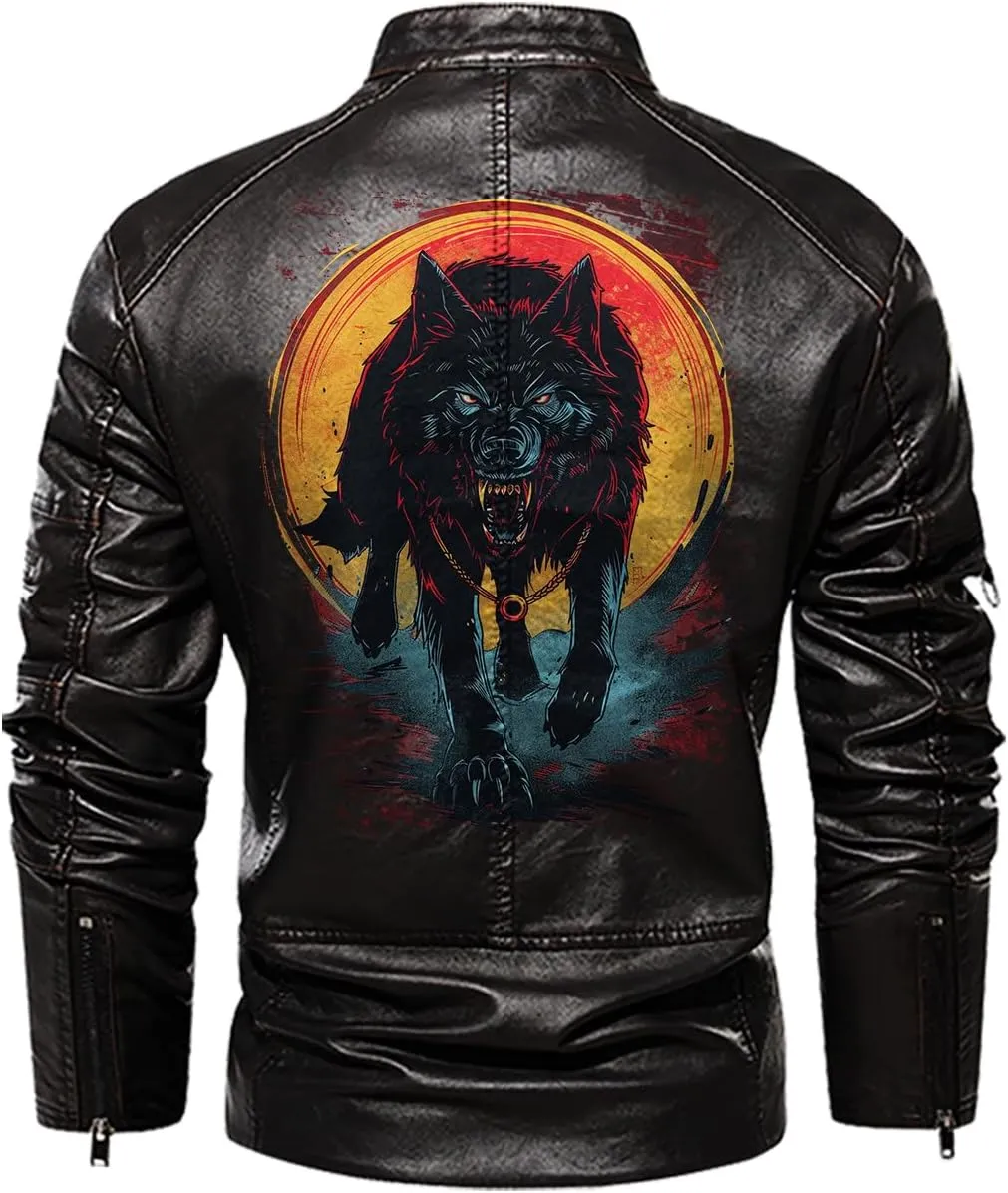 Wild Wolf with Blood Moon, Retro Wolf Biker Motorcycle Jacket, Personalized Men PU Leather Vest Coat Jackets