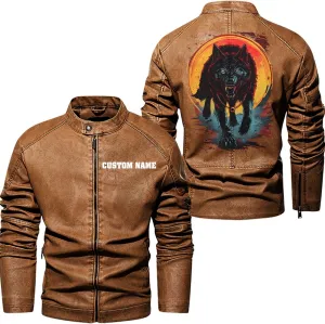 Wild Wolf with Blood Moon, Retro Wolf Biker Motorcycle Jacket, Personalized Men PU Leather Vest Coat Jackets
