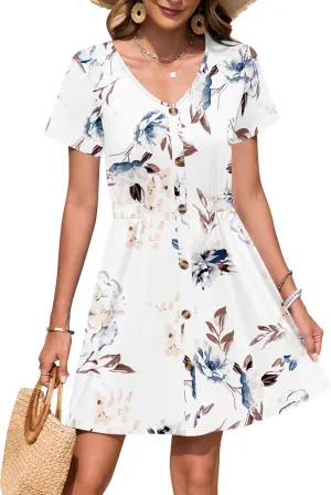 WNEEDU Women Summer Dresses Short Sleeve Casual Loose Swing Button Down Mini Dress Flowy Beach Sundress