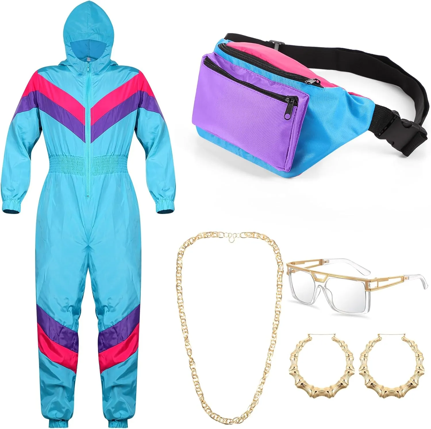 Women 80's Tracksuit Set Windbreaker Outfits with Hip Hop Costume Accessories Long Sleeve Zipper 80s Jumpsuit Set