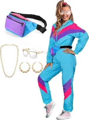 Women 80's Tracksuit Set Windbreaker Outfits with Hip Hop Costume Accessories Long Sleeve Zipper 80s Jumpsuit Set