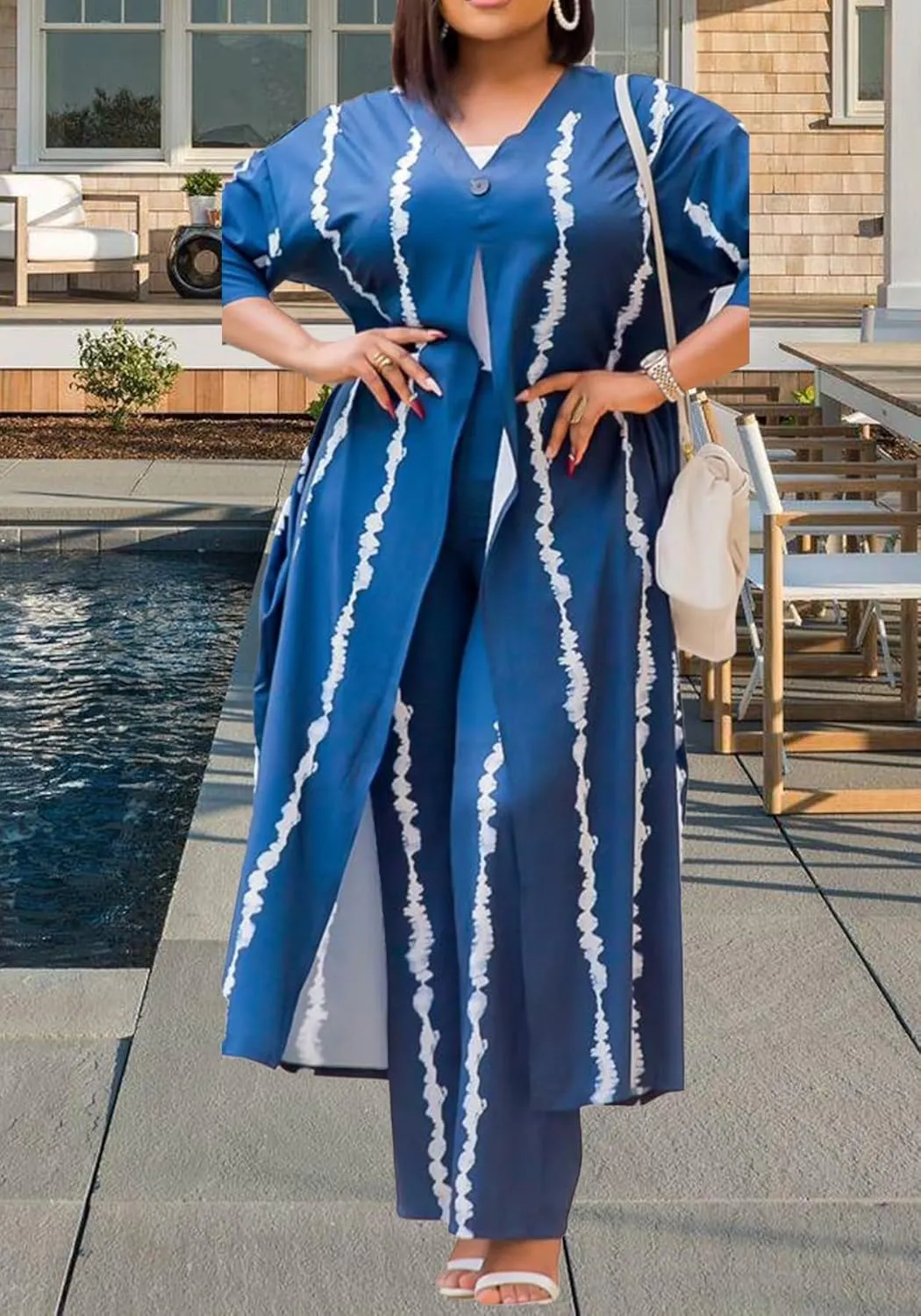 Women African 2 Piece Outfits Button V Neck Long Plus Size Split Caftans Wide Leg Pants Sets