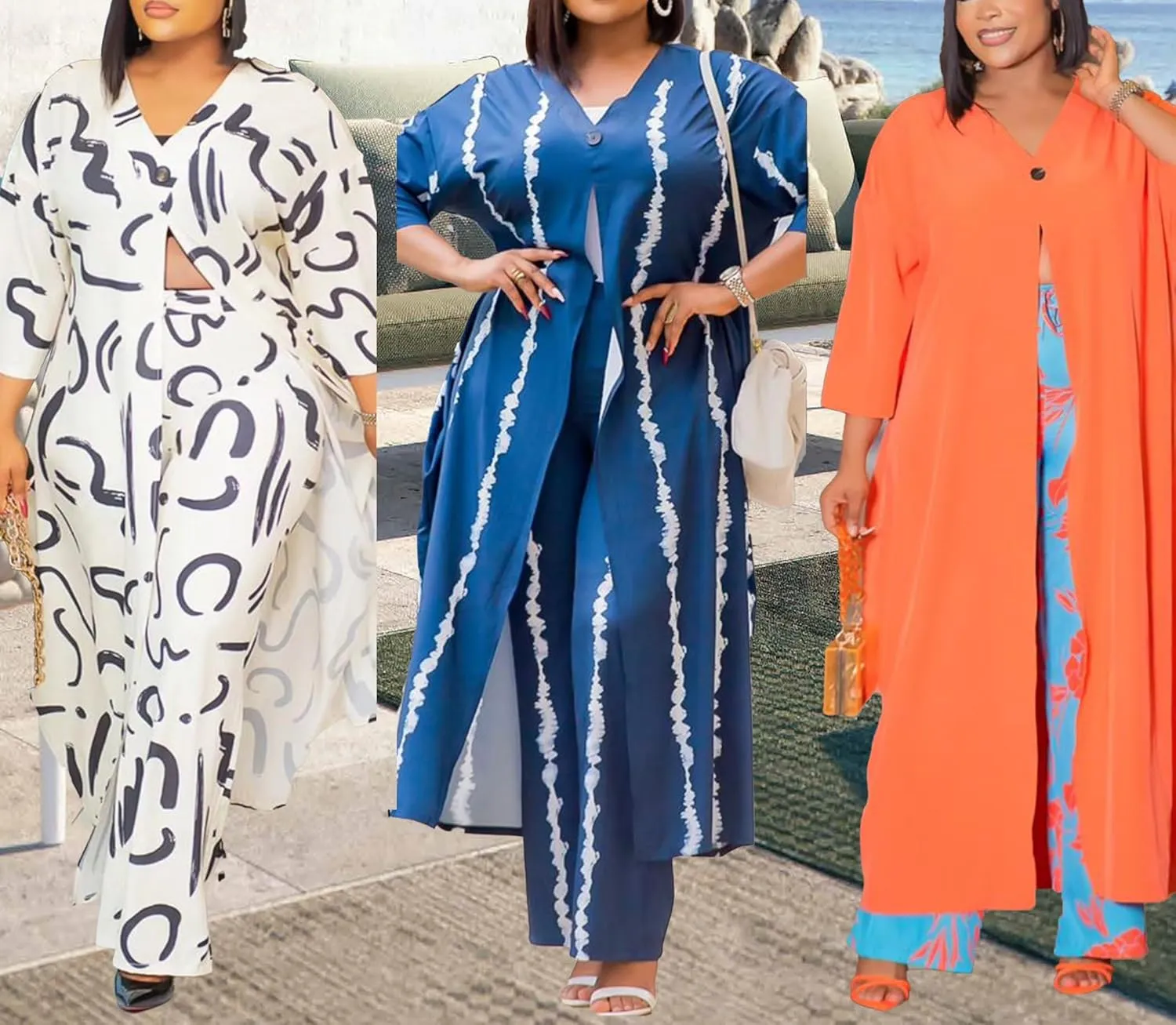 Women African 2 Piece Outfits Button V Neck Long Plus Size Split Caftans Wide Leg Pants Sets