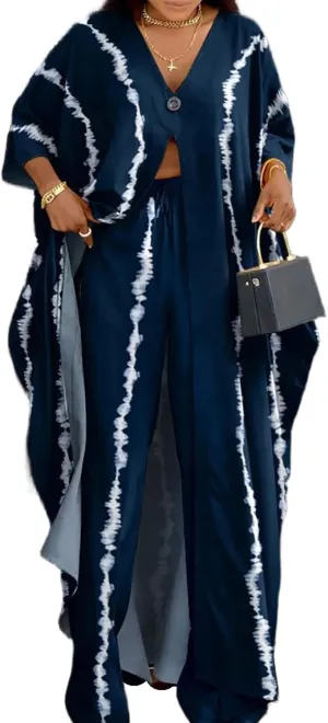 Women African 2 Piece Outfits Button V Neck Long Plus Size Split Caftans Wide Leg Pants Sets