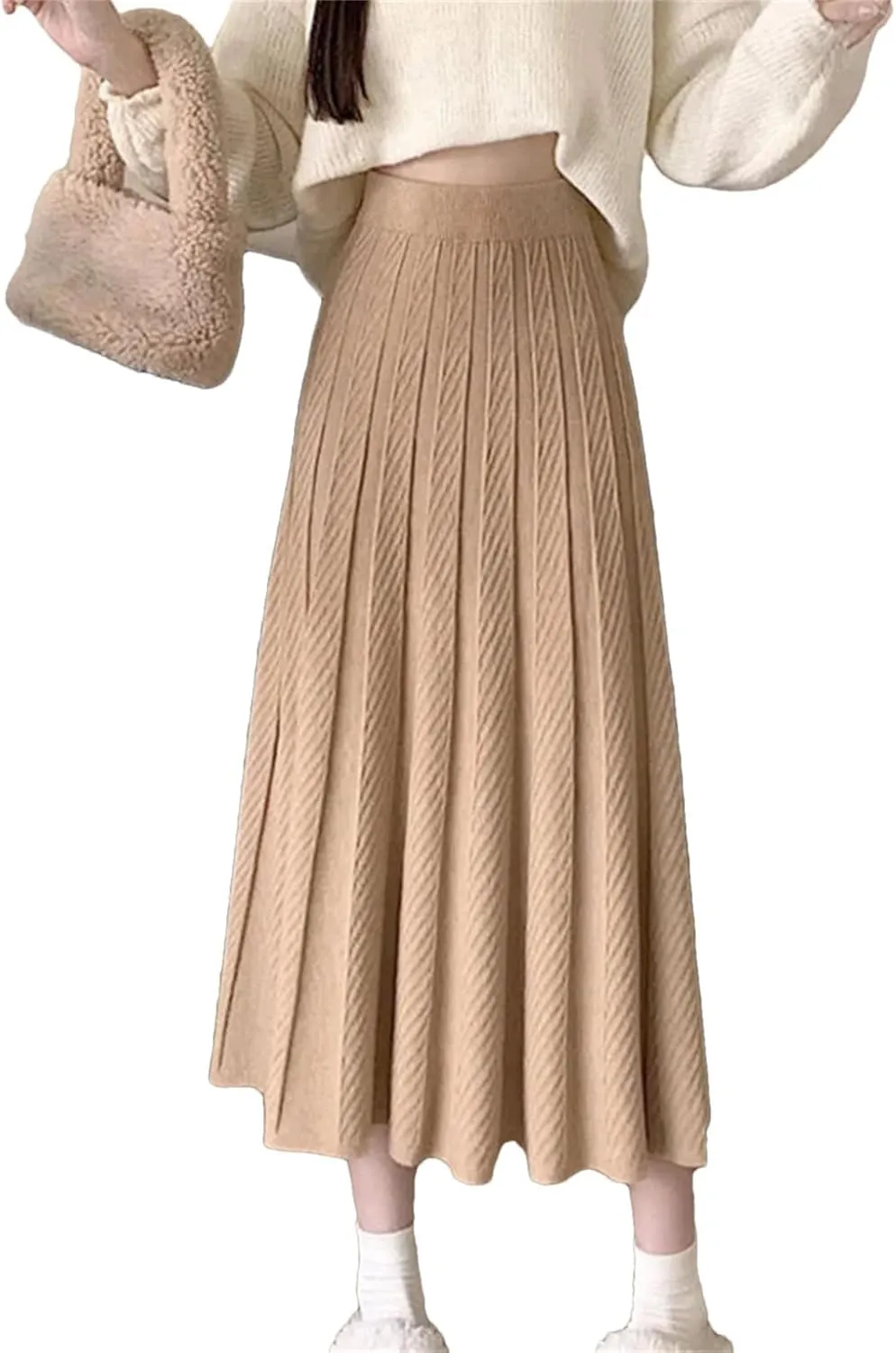 Women Autumn Winter Elegant Solid Color Knit Long Skirt Thick High Waist Skirts A Line Pleated Midi Skirt Ladies