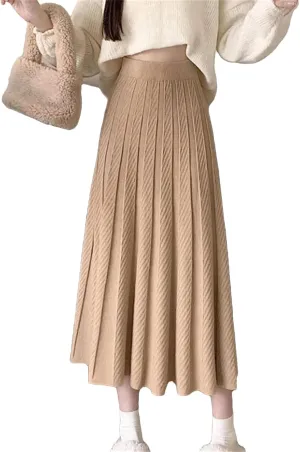 Women Autumn Winter Elegant Solid Color Knit Long Skirt Thick High Waist Skirts A Line Pleated Midi Skirt Ladies