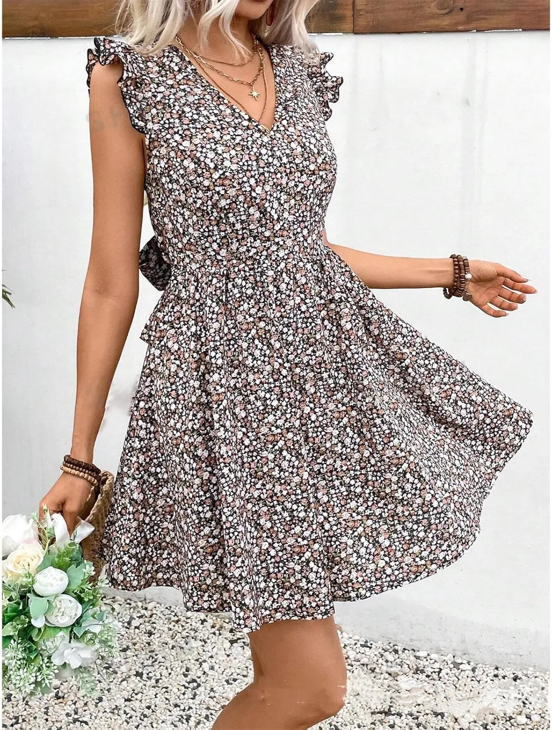 Women Boho Floral Mini Dress Backless Bow Knot Puff Sleeve A-line Short V Neck Ruffle Mini Flowy Dress