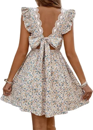 Women Boho Floral Mini Dress Backless Bow Knot Puff Sleeve A-line Short V Neck Ruffle Mini Flowy Dress