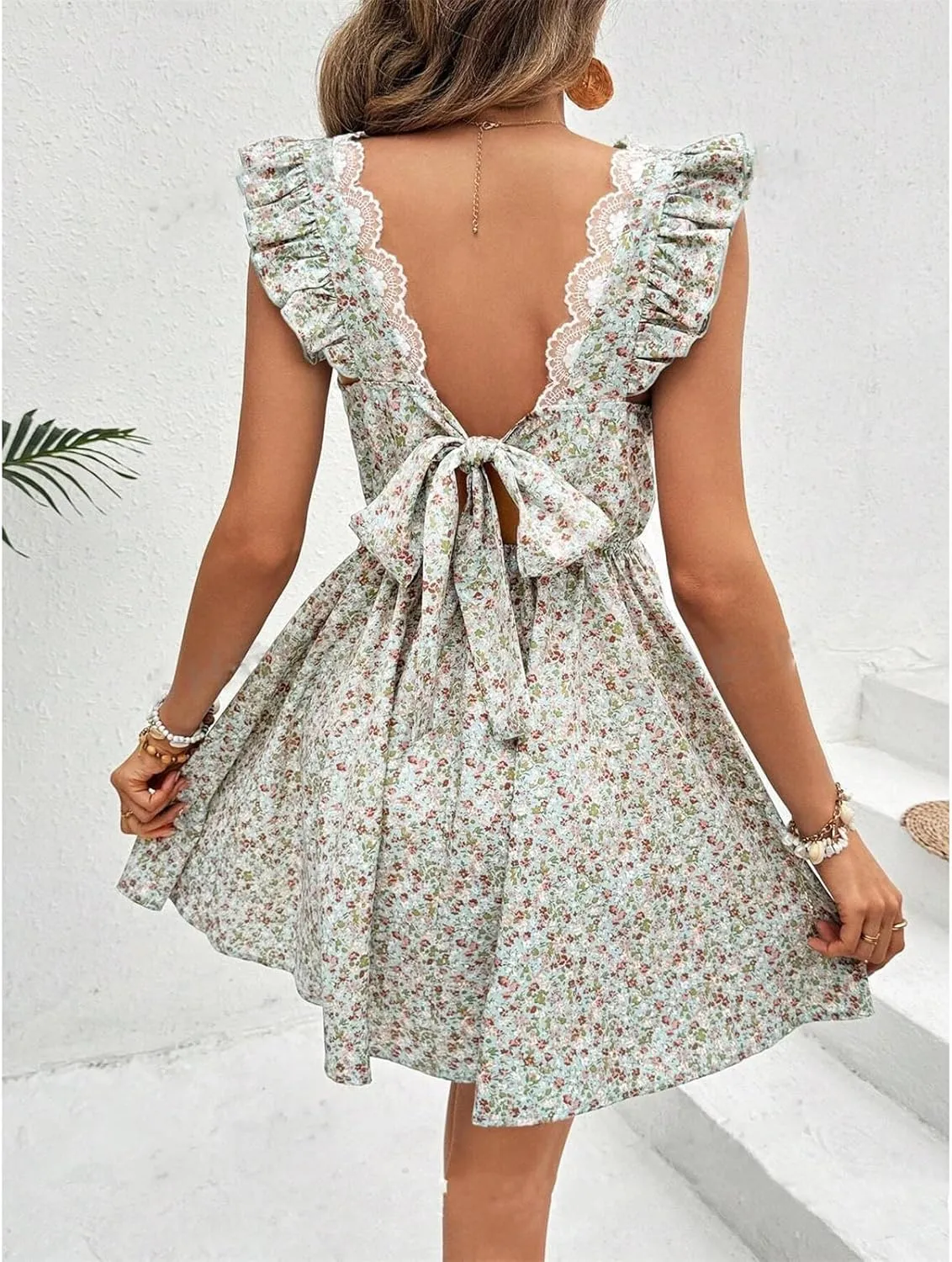 Women Boho Floral Mini Dress Backless Bow Knot Puff Sleeve A-line Short V Neck Ruffle Mini Flowy Dress