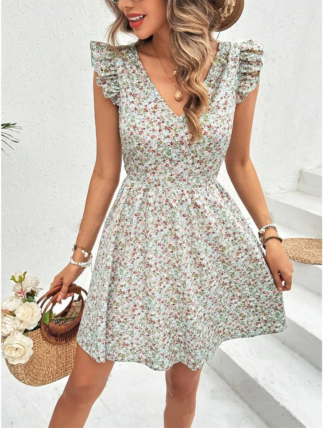 Women Boho Floral Mini Dress Backless Bow Knot Puff Sleeve A-line Short V Neck Ruffle Mini Flowy Dress