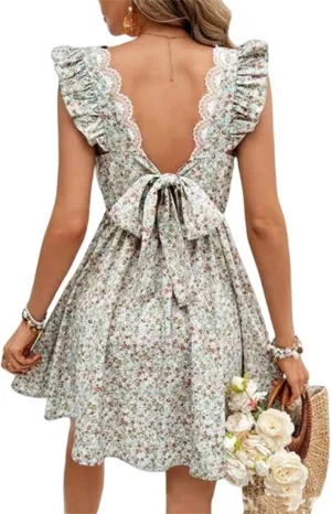 Women Boho Floral Mini Dress Backless Bow Knot Puff Sleeve A-line Short V Neck Ruffle Mini Flowy Dress
