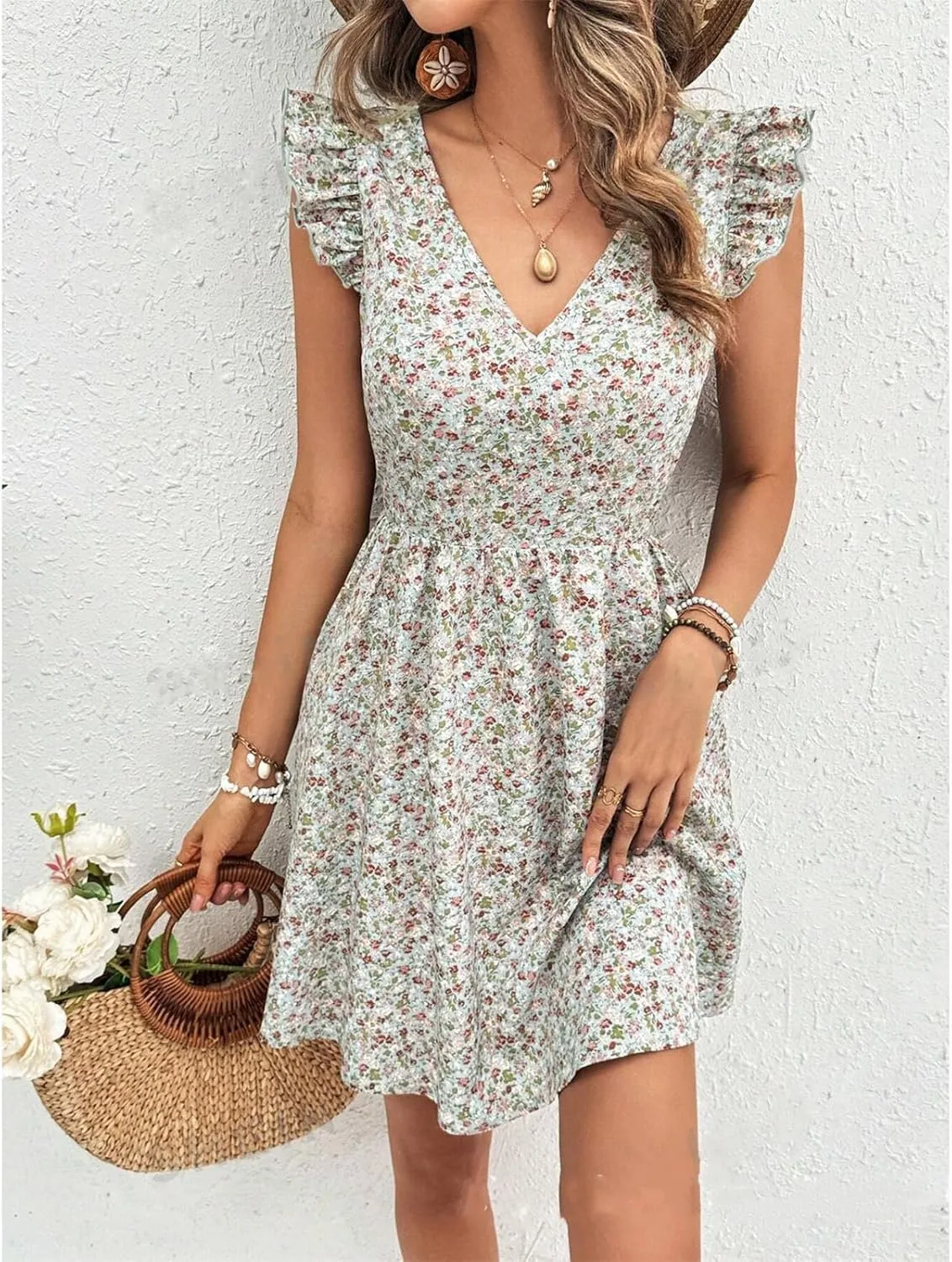 Women Boho Floral Mini Dress Backless Bow Knot Puff Sleeve A-line Short V Neck Ruffle Mini Flowy Dress
