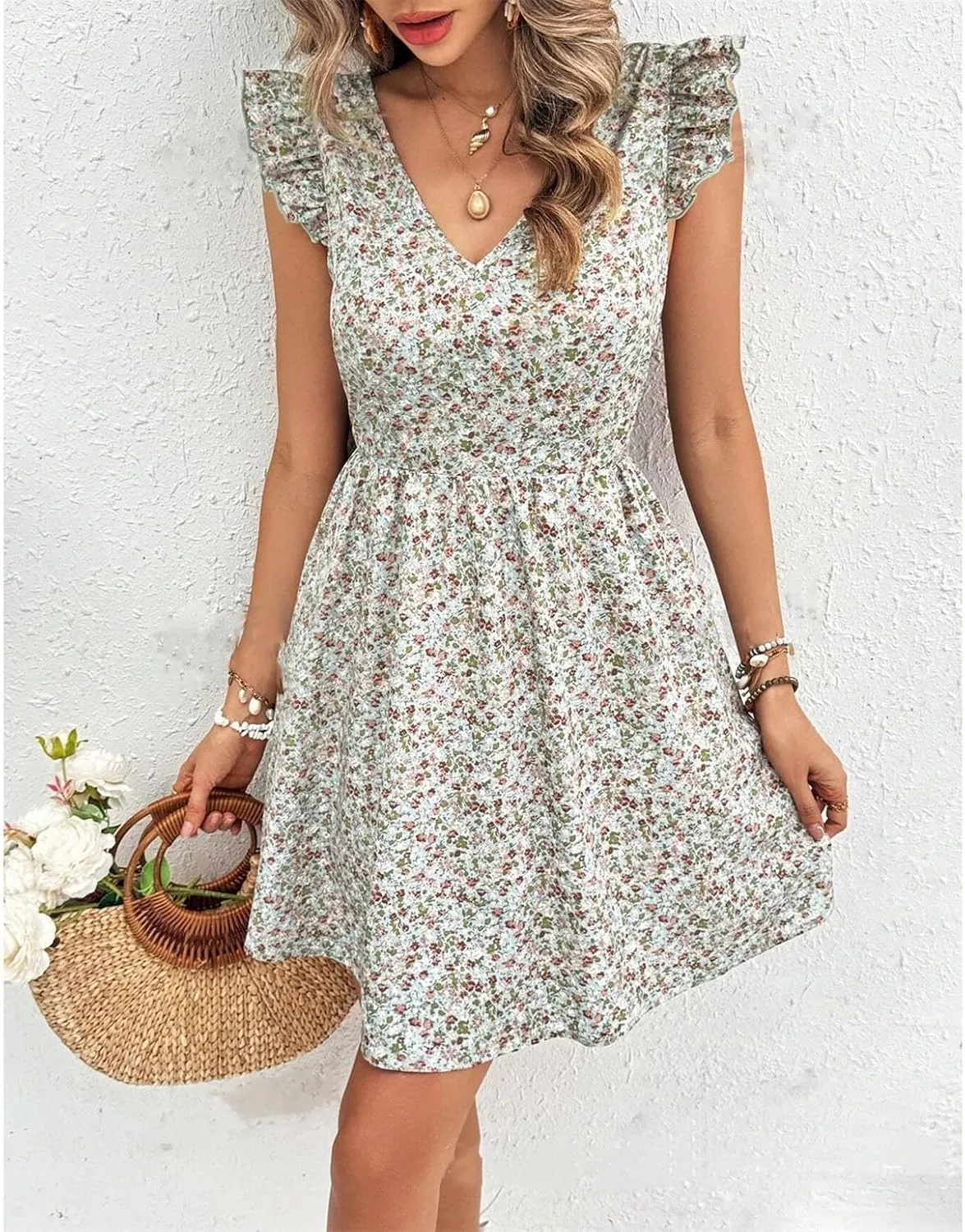 Women Boho Floral Mini Dress Backless Bow Knot Puff Sleeve A-line Short V Neck Ruffle Mini Flowy Dress