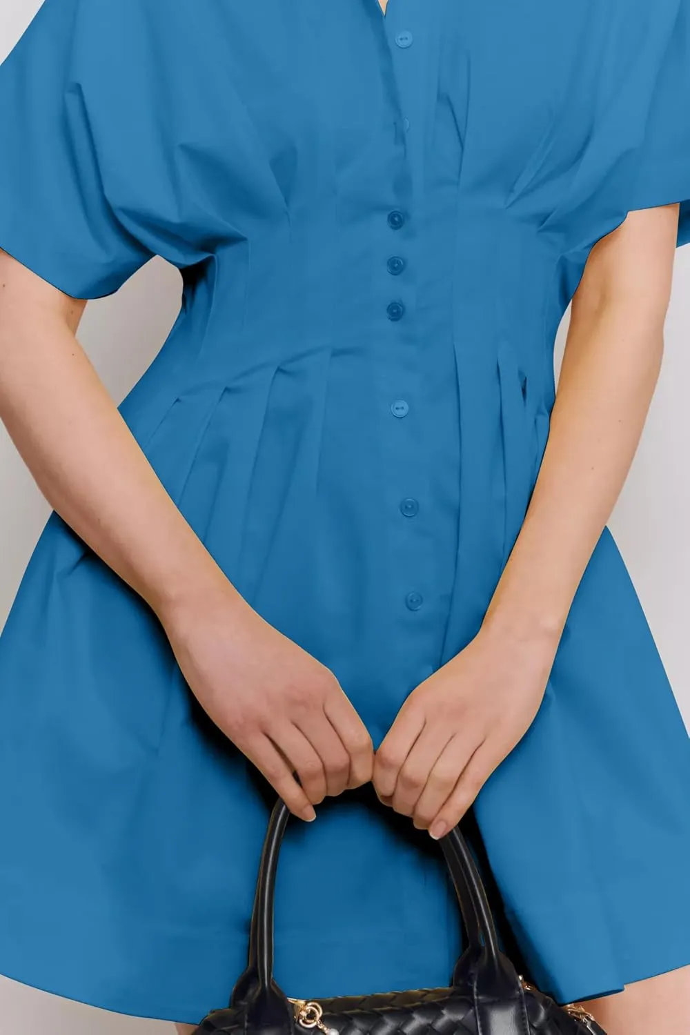 Women Button Down Pleated Shirt Dress Summer Short Sleeve Blouse Striped Print Corset Mini Dresses