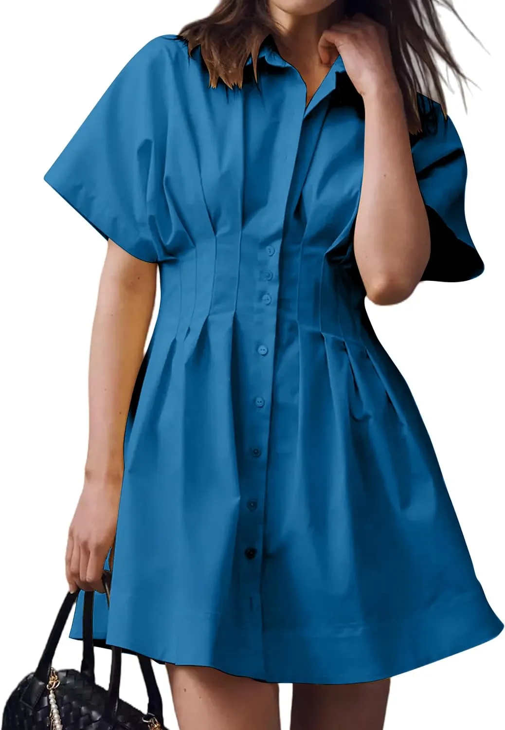 Women Button Down Pleated Shirt Dress Summer Short Sleeve Blouse Striped Print Corset Mini Dresses
