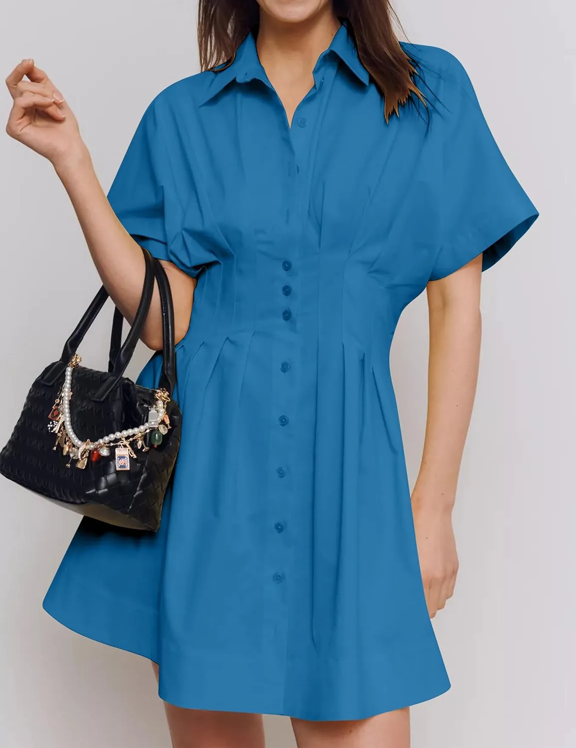Women Button Down Pleated Shirt Dress Summer Short Sleeve Blouse Striped Print Corset Mini Dresses