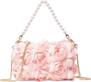Women Clutches Purse, Chiffon 3D Floral Evening Handbag, Pearl Beaded Top Handle Bag for Wedding, Prom, Party