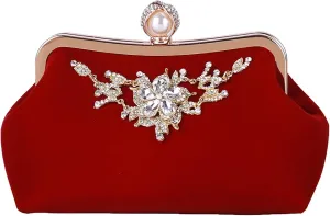 Women Clutches Purses Bags, Rhinestone Floral Prom Wedding Velvet Evening Handbag with Detachable Chain (Color : Red)