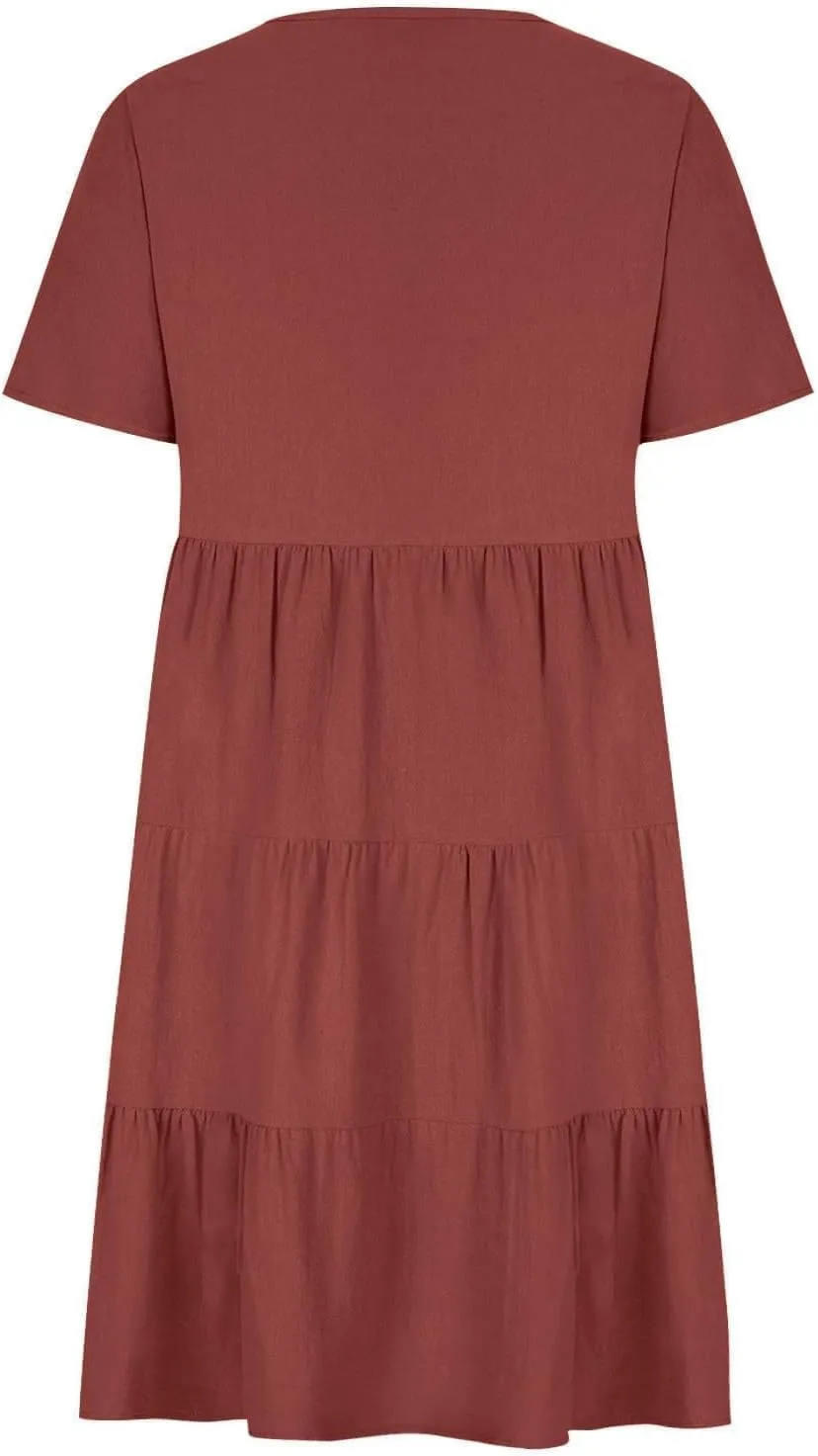 Women Cotton Linen Dresses Summer Casual Short Sleeve V Neck Travel Dress Beach Wear Trendy Spring Vacation Clothes