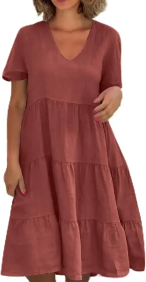 Women Cotton Linen Dresses Summer Casual Short Sleeve V Neck Travel Dress Beach Wear Trendy Spring Vacation Clothes