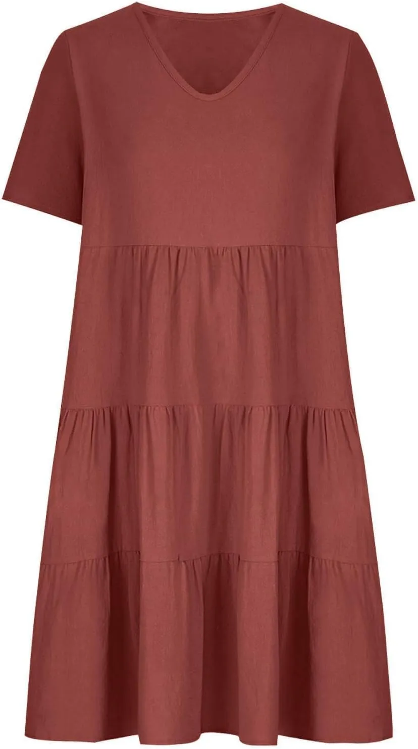 Women Cotton Linen Dresses Summer Casual Short Sleeve V Neck Travel Dress Beach Wear Trendy Spring Vacation Clothes