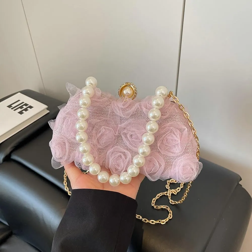 Women Elegant Clutches Purse Lace Formal Flower Evening Handbag Chain Strap Shoulder Crossbody Bags for Party