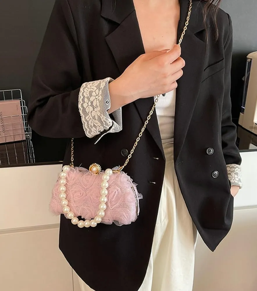 Women Elegant Clutches Purse Lace Formal Flower Evening Handbag Chain Strap Shoulder Crossbody Bags for Party