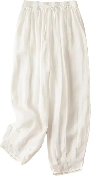 Women Embroidery Wide Leg Pants Summer Vintage Trousers Casual Drawstring Harem Pants
