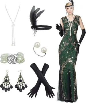 Women Evening Dress 1920s Floral Sequin Mermaid Hem Maxi Long Formal Ball Gown with 20s Accessories Set