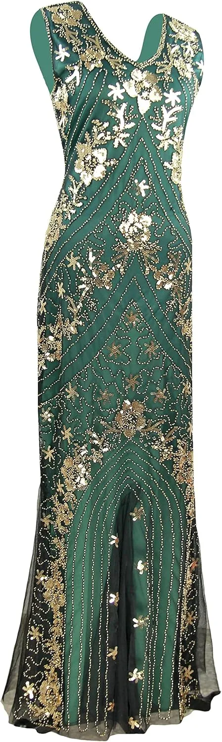 Women Evening Dress 1920s Floral Sequin Mermaid Hem Maxi Long Formal Ball Gown with 20s Accessories Set