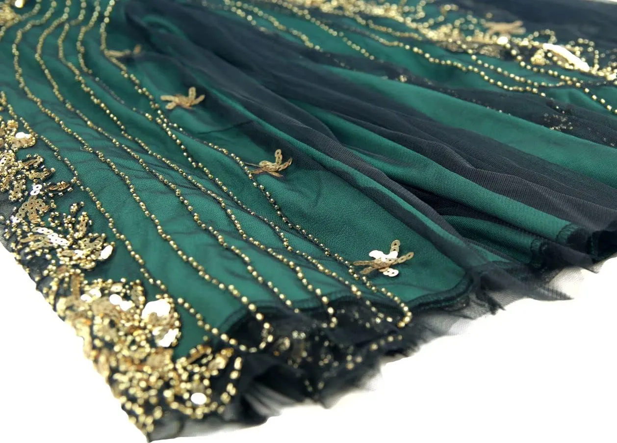 Women Evening Dress 1920s Floral Sequin Mermaid Hem Maxi Long Formal Ball Gown with 20s Accessories Set