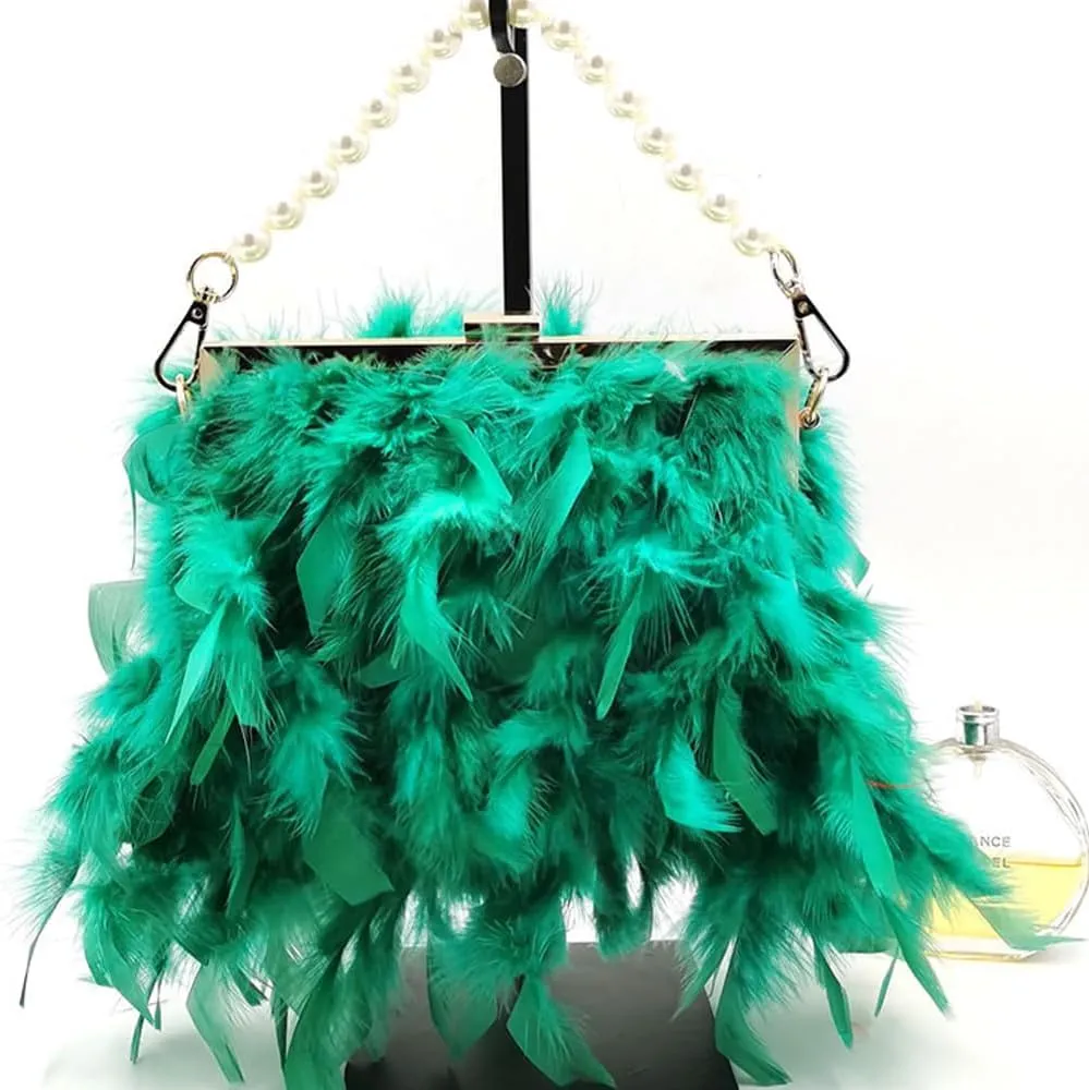 Women Feather Evening Purses and Clutches Exquisite Tassel Pearl Tote Bags for Wedding Banquet Party