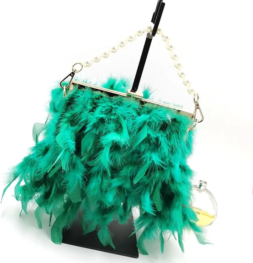 Women Feather Evening Purses and Clutches Exquisite Tassel Pearl Tote Bags for Wedding Banquet Party