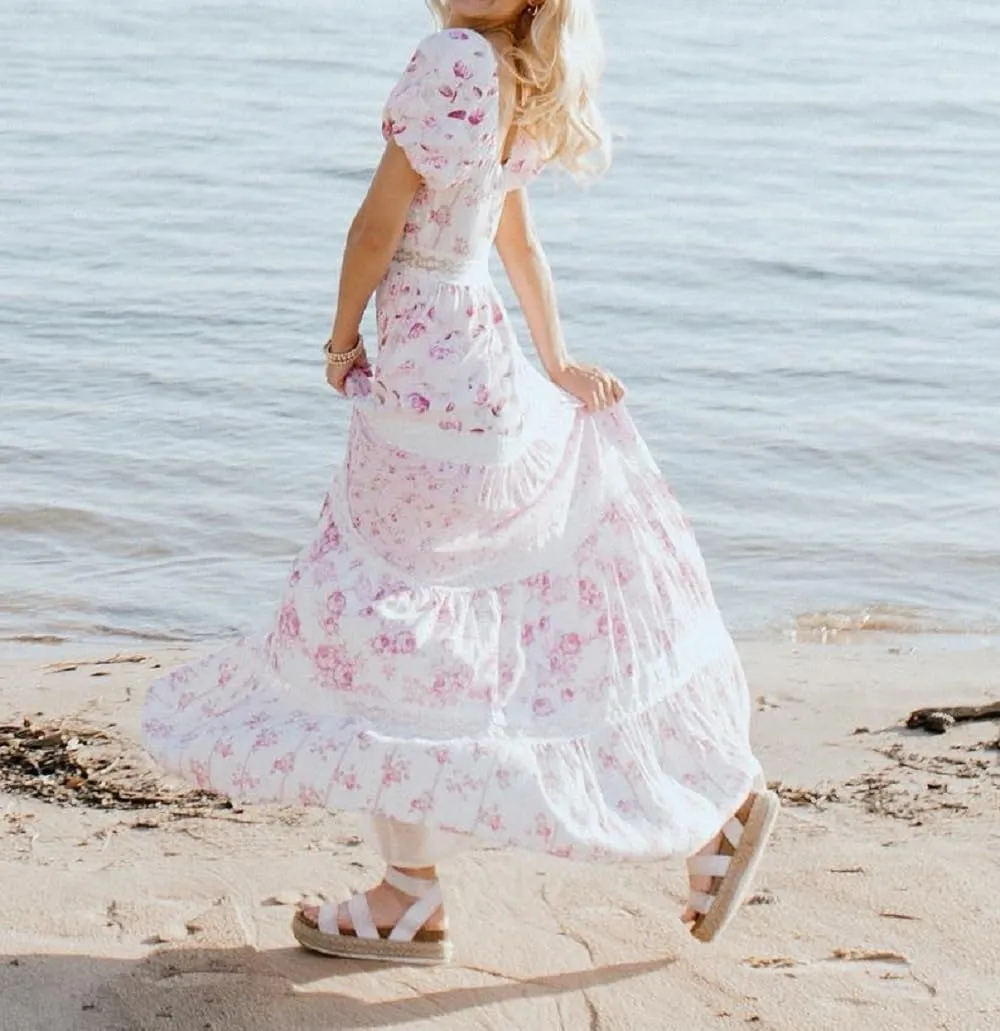 Women Floral Patchwork Puff Sleeve Maxi Dress Boho Square Neck Smocked Flowy Dress Y2k Tiered Ruffle Beach Sundress